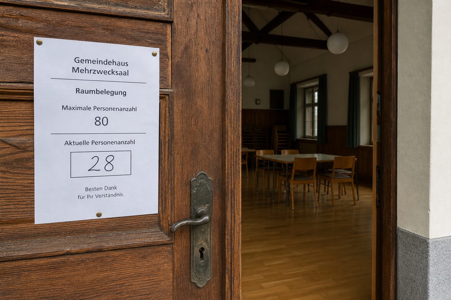 Eingang eines Gemeindesaals mit Belegungszettel